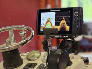 Humminbird fish finder installed at the helm of a fishing boat by Anchor Marine in Menomonie Wisconsin.